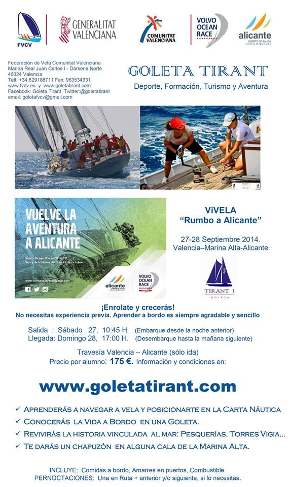 Últimas plazas “Vívela 5 Días” 25-29 agosto en la Goleta Tirant Primer