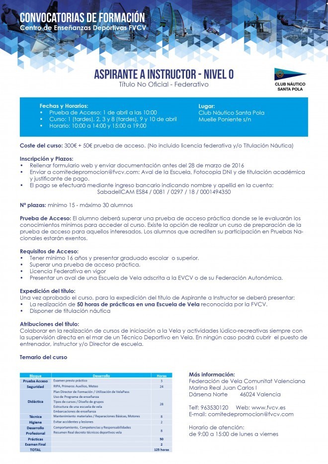 Convocatoria Aspirante Instructor CN Santa Pola